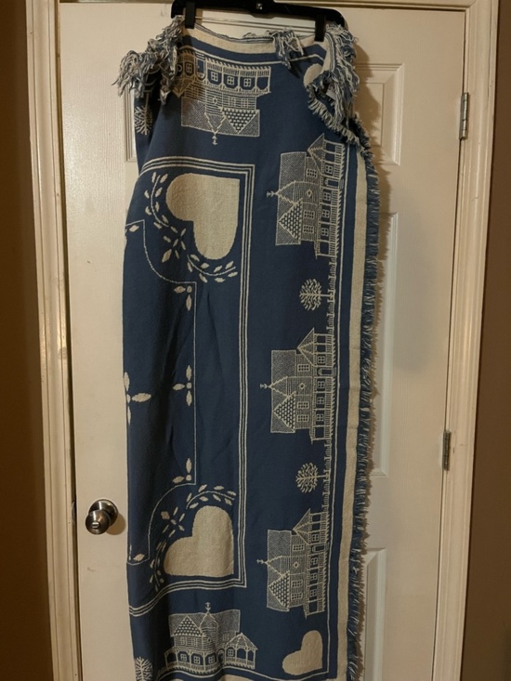 Vintage Blue & Cream Cottagecore Fringe Throw Blanket with Heart and House